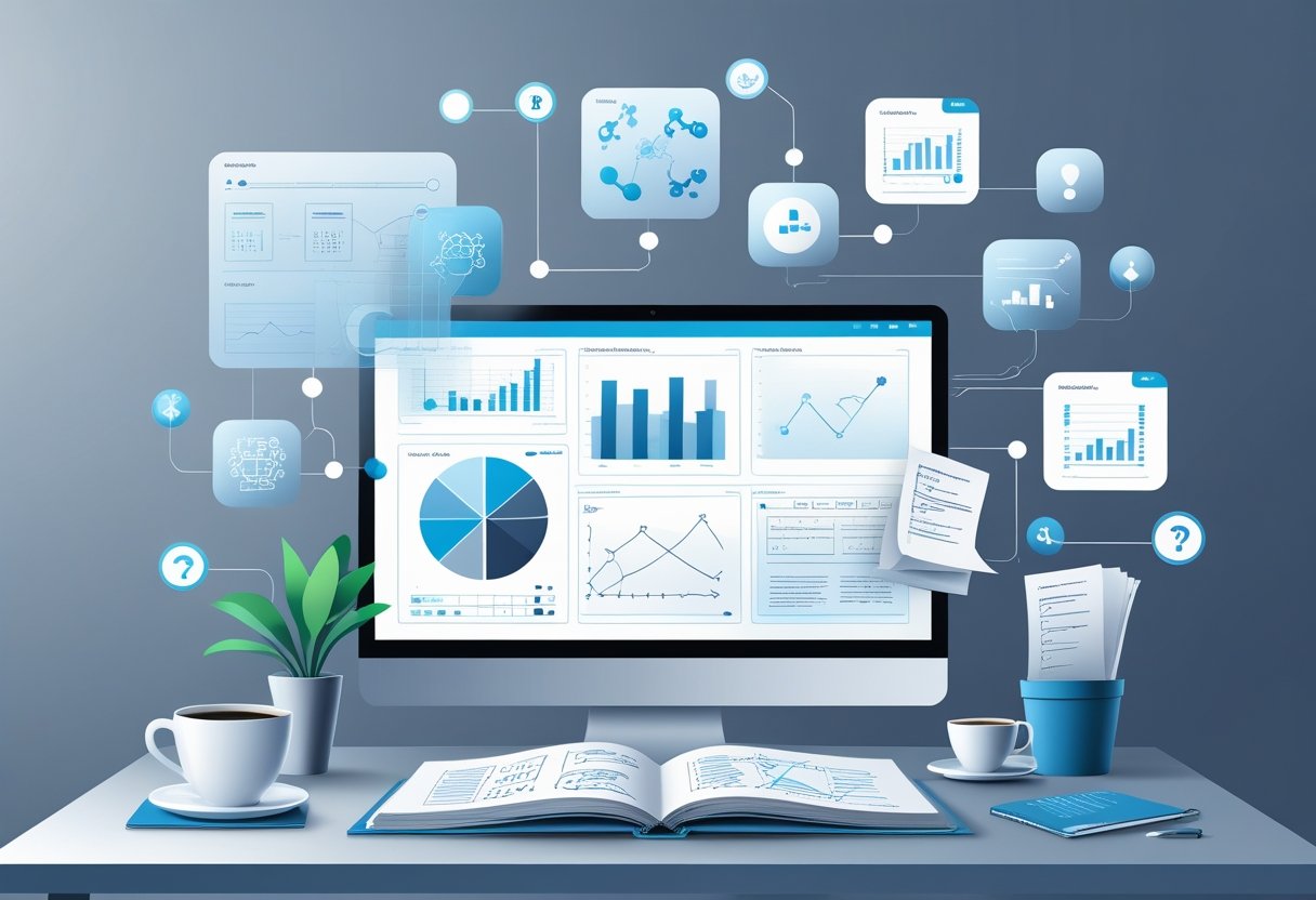 A workspace with a laptop showing data visualizations, an open notebook with notes, and floating icons of charts and databases, symbolizing interview preparation for an analytics engineer.