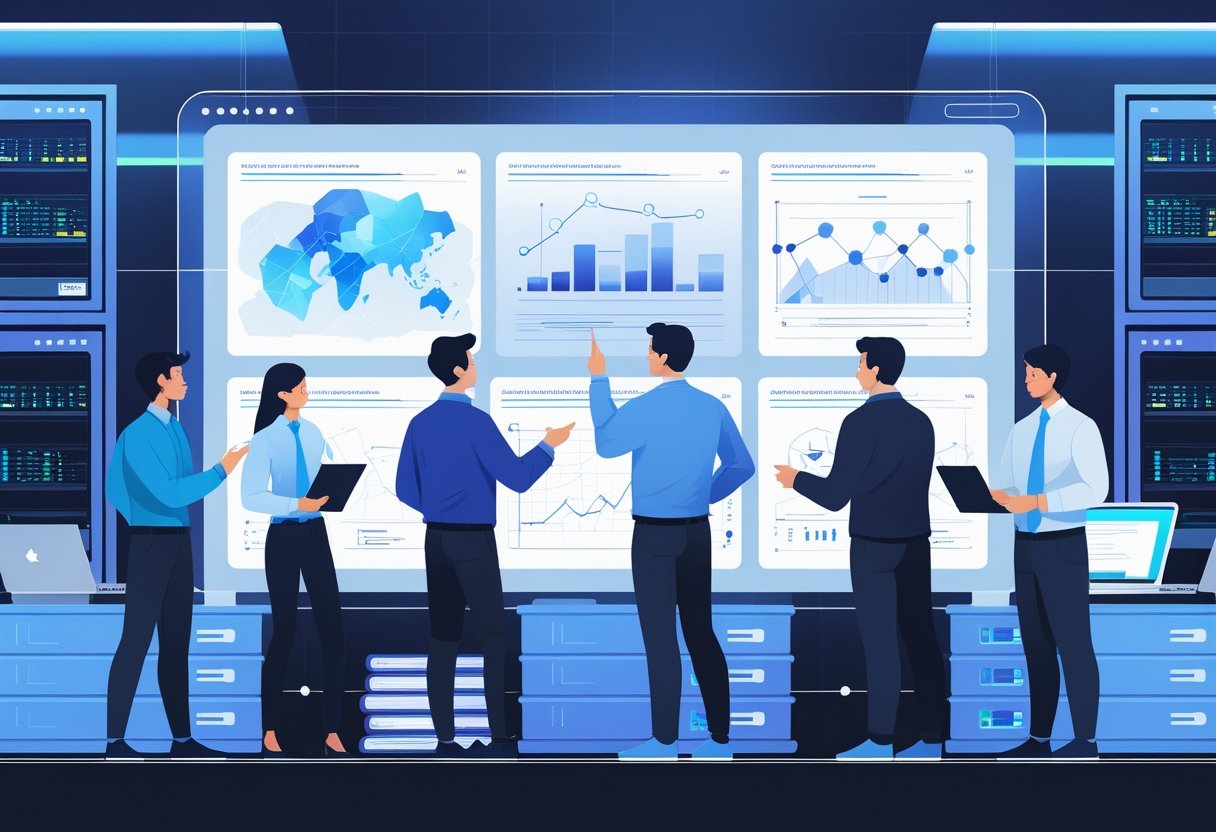 A group of professionals collaborating around a digital screen showing data visualizations in a modern workspace with books and servers in the background.