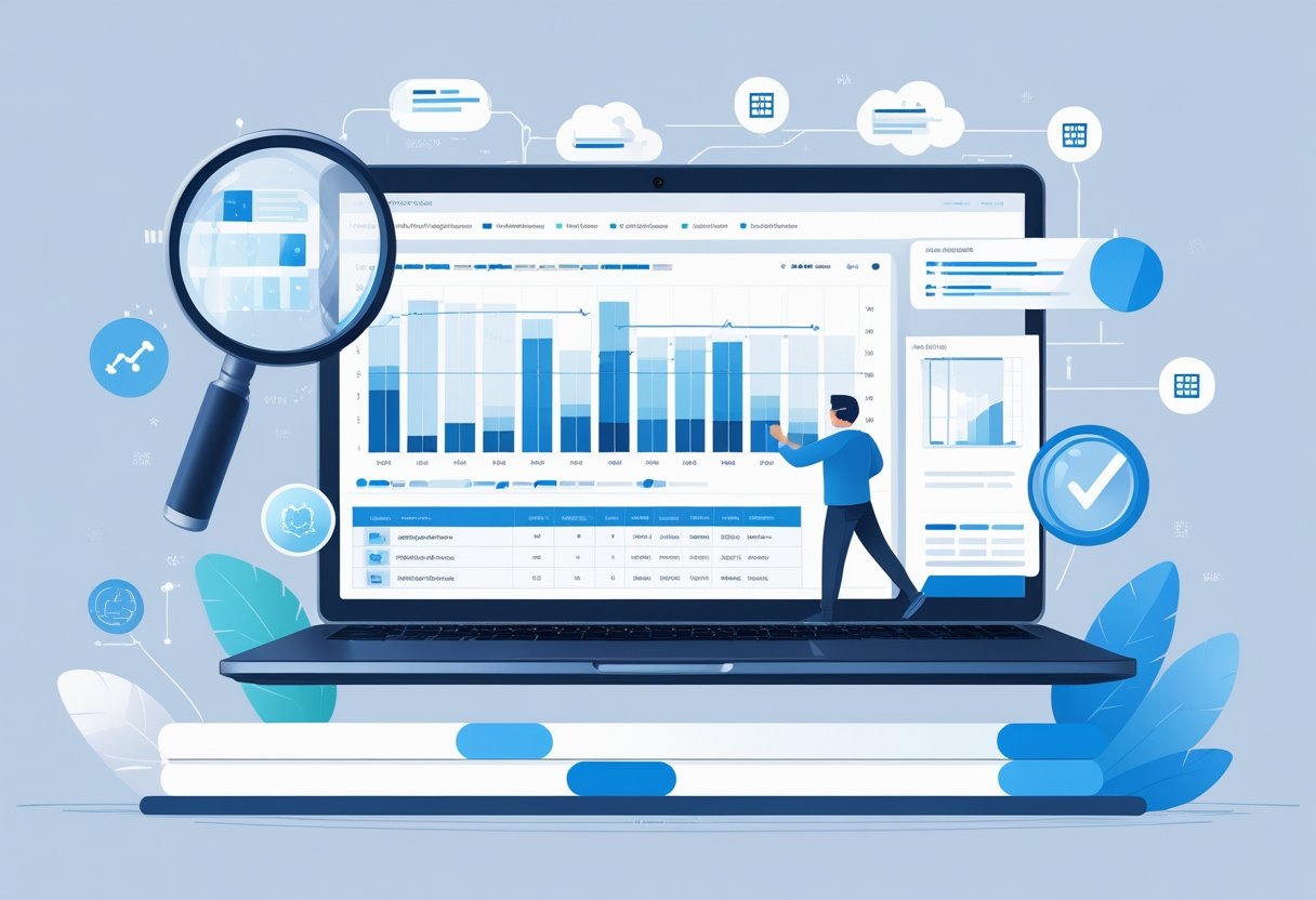 A workspace with a laptop showing data charts and tables with missing values, surrounded by icons representing data cleaning and analytics processes.