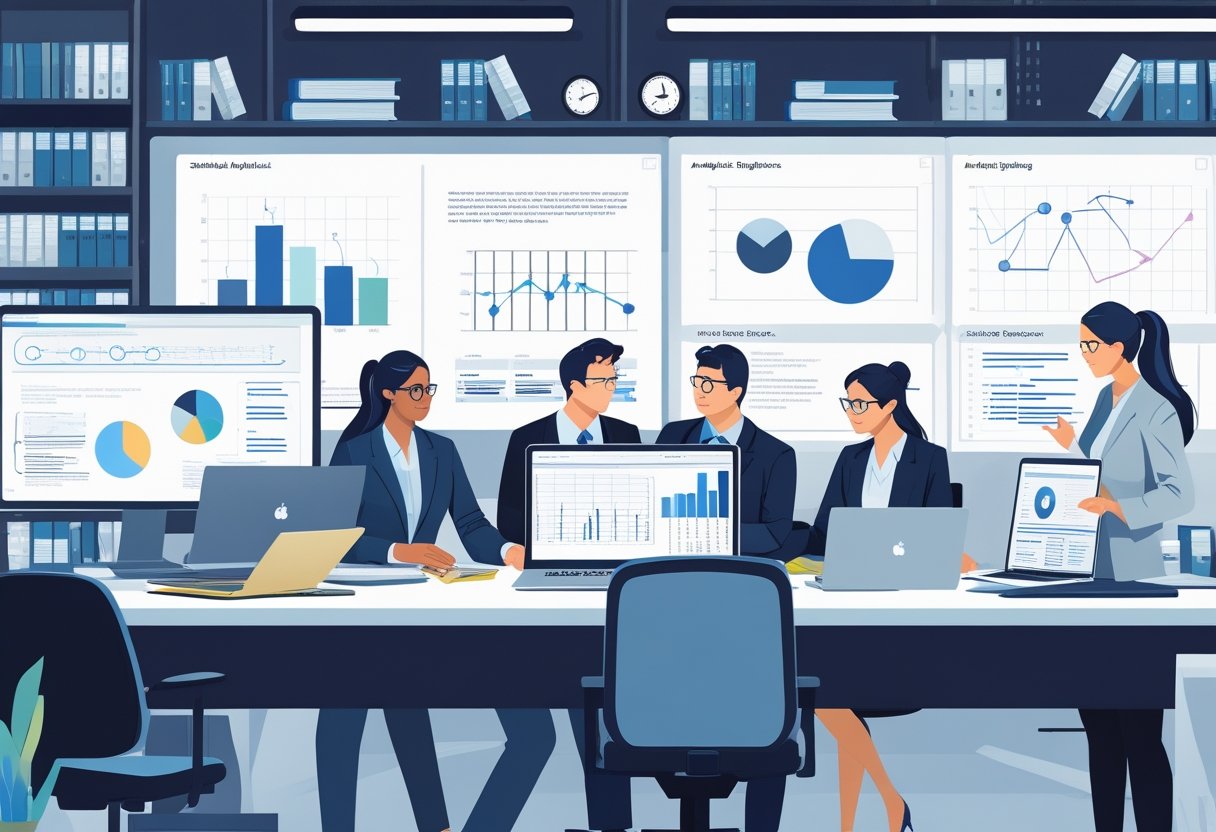 A group of professionals working together at a desk with computer screens showing data charts and graphs in a modern office setting.