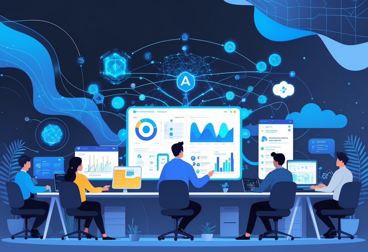 A group of analytics engineers working together around a digital table with data visualizations and AI elements in a modern office.