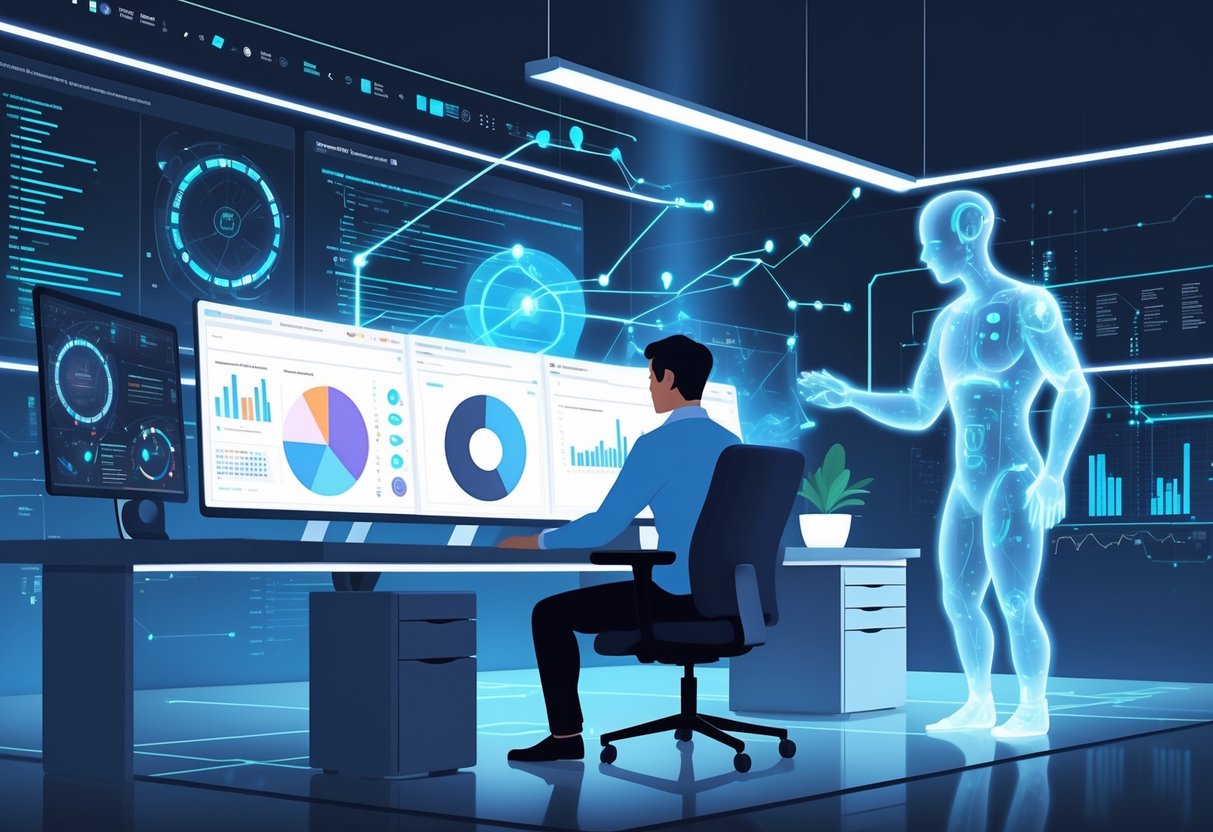 An analytics engineer working at a desk with multiple monitors showing data visualizations, alongside a holographic AI assistant projecting code and data streams in a modern office setting.