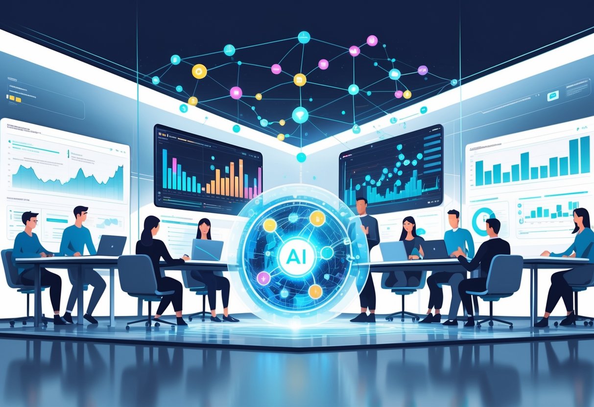 A group of people working together around transparent digital screens showing data visualizations and flowing data streams with a holographic AI interface projecting graphs and interconnected nodes.
