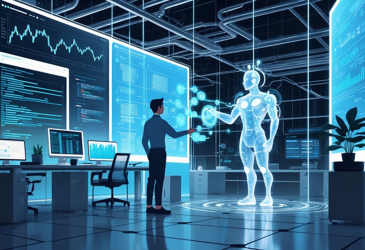An engineer interacting with a holographic AI assistant in a modern office surrounded by digital data flows and networked cloud servers.