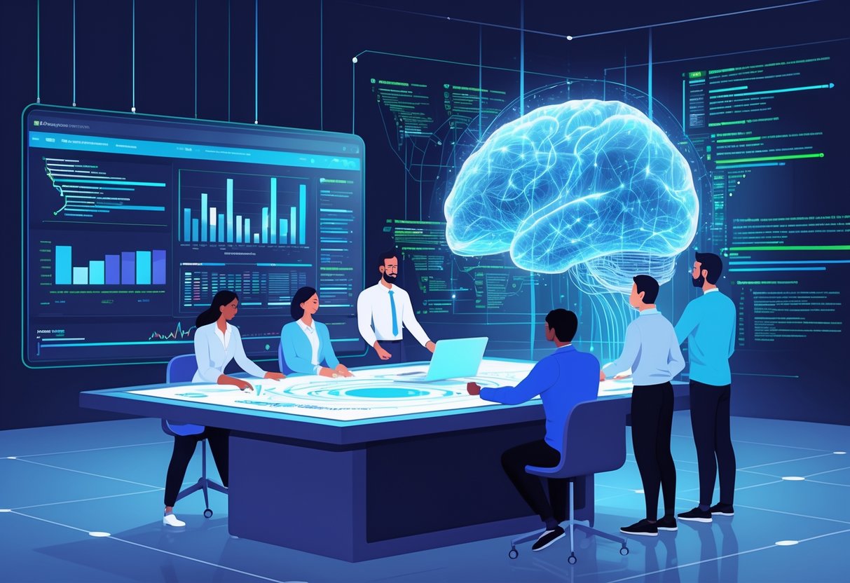 A group of analytics engineers collaborating around a digital table with data visualizations and a glowing holographic AI brain in a modern office setting.