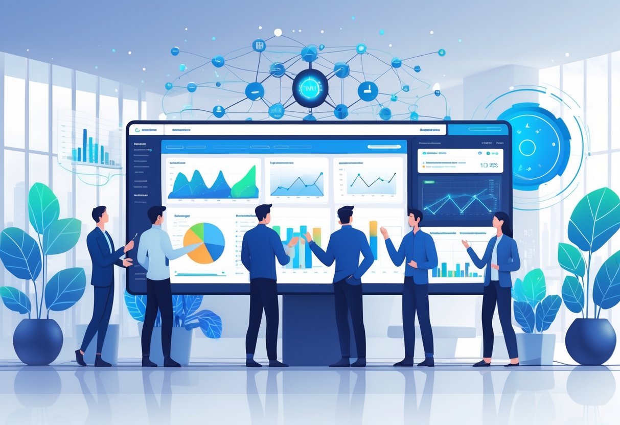 A group of analytics engineers working together with digital dashboards and AI technology in a modern office setting.