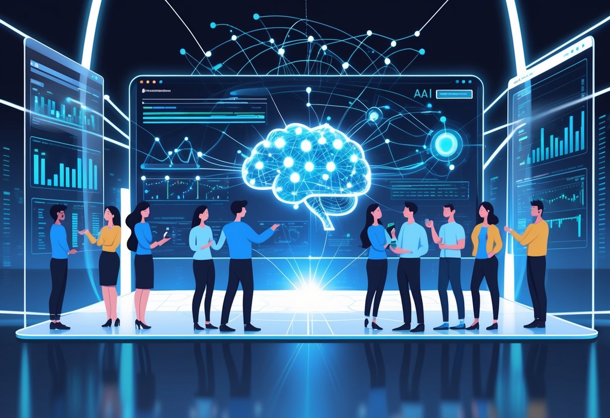 A group of analytics engineers working together around a large digital interface showing flowing data streams and AI-generated insights with a glowing neural network hologram in the background.