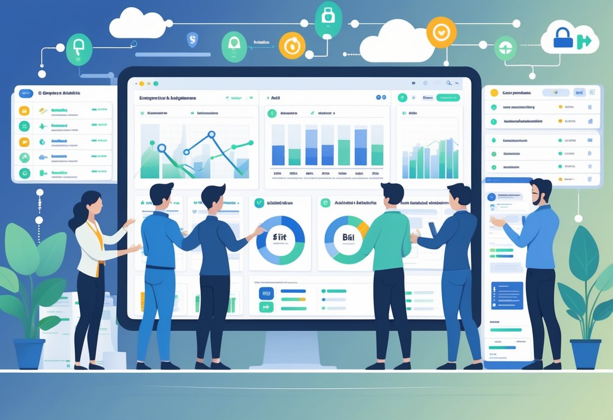 A group of analytics engineers working together around a digital dashboard with data charts and an AI hologram assisting them in managing data governance and compliance.