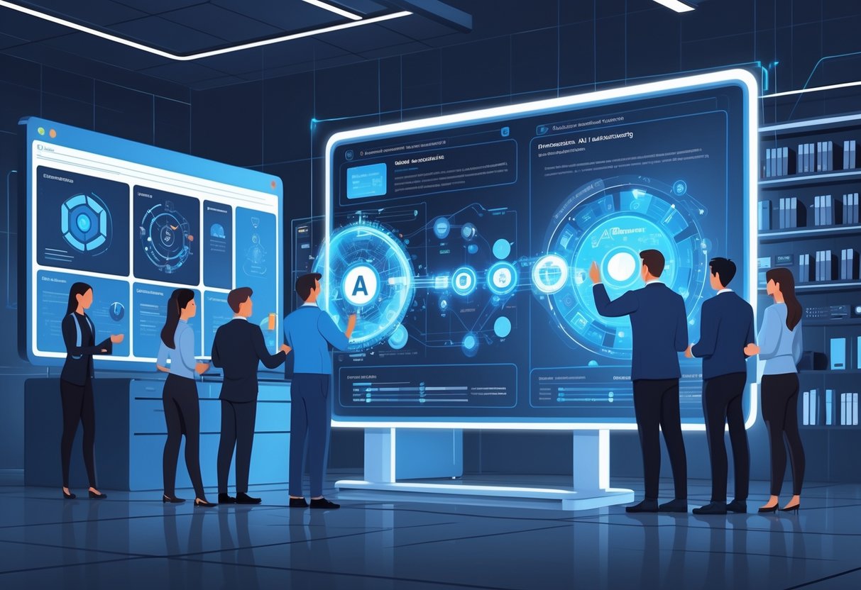 A group of professionals collaborating around a digital screen with data visualizations and AI interfaces in a modern office setting.