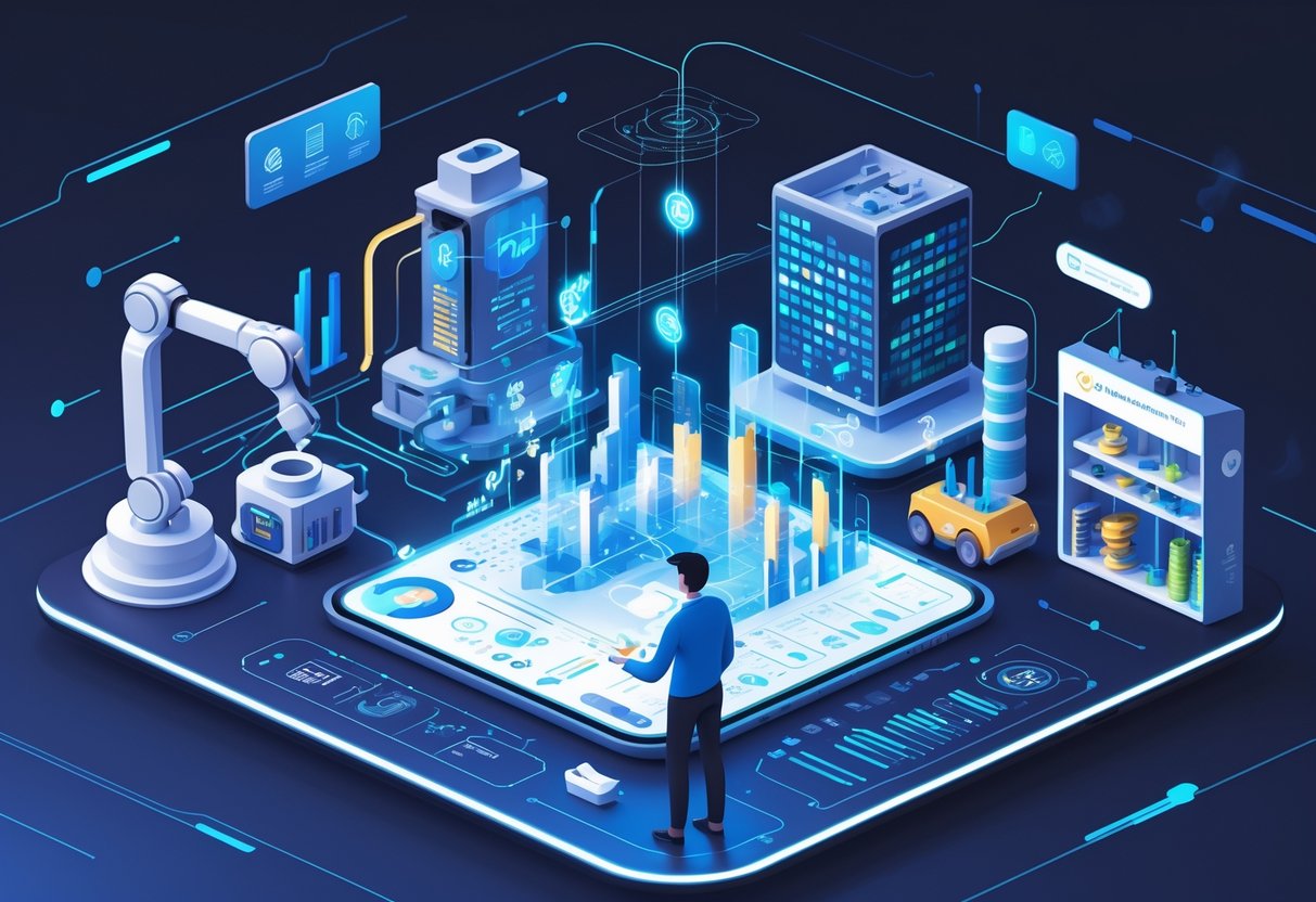 An analytics engineer interacts with a futuristic digital interface surrounded by visual elements representing manufacturing, healthcare, finance, and retail industries connected by flowing data streams.
