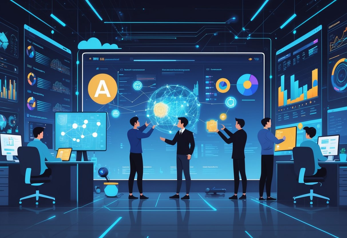 A group of analytics engineers working together in a modern office with digital data displays and AI visualizations showing the impact of generative AI on their work.