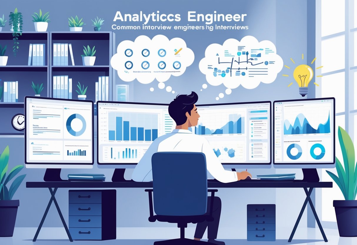 An analytics engineer working at a desk with multiple screens showing data charts and code, surrounded by symbols of interview mistakes and successful problem-solving in a modern office.