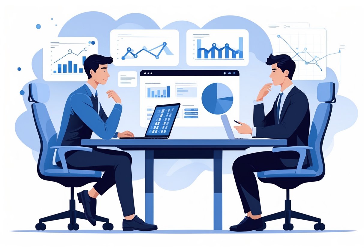 A candidate and interviewer sitting at a desk in an office, discussing analytics engineering concepts with data charts and flowcharts in the background.
