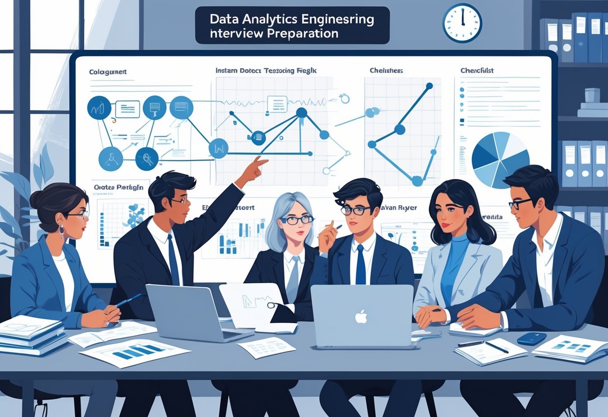 A group of professionals collaborating around a table with laptops and charts, discussing data analytics workflows and interview preparation strategies in an office.
