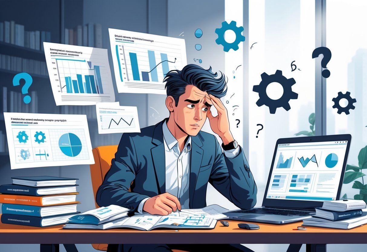 A person at a desk looking confused while surrounded by technical books, charts, and a laptop with data visuals, with floating question marks and broken gears symbolizing interview mistakes.