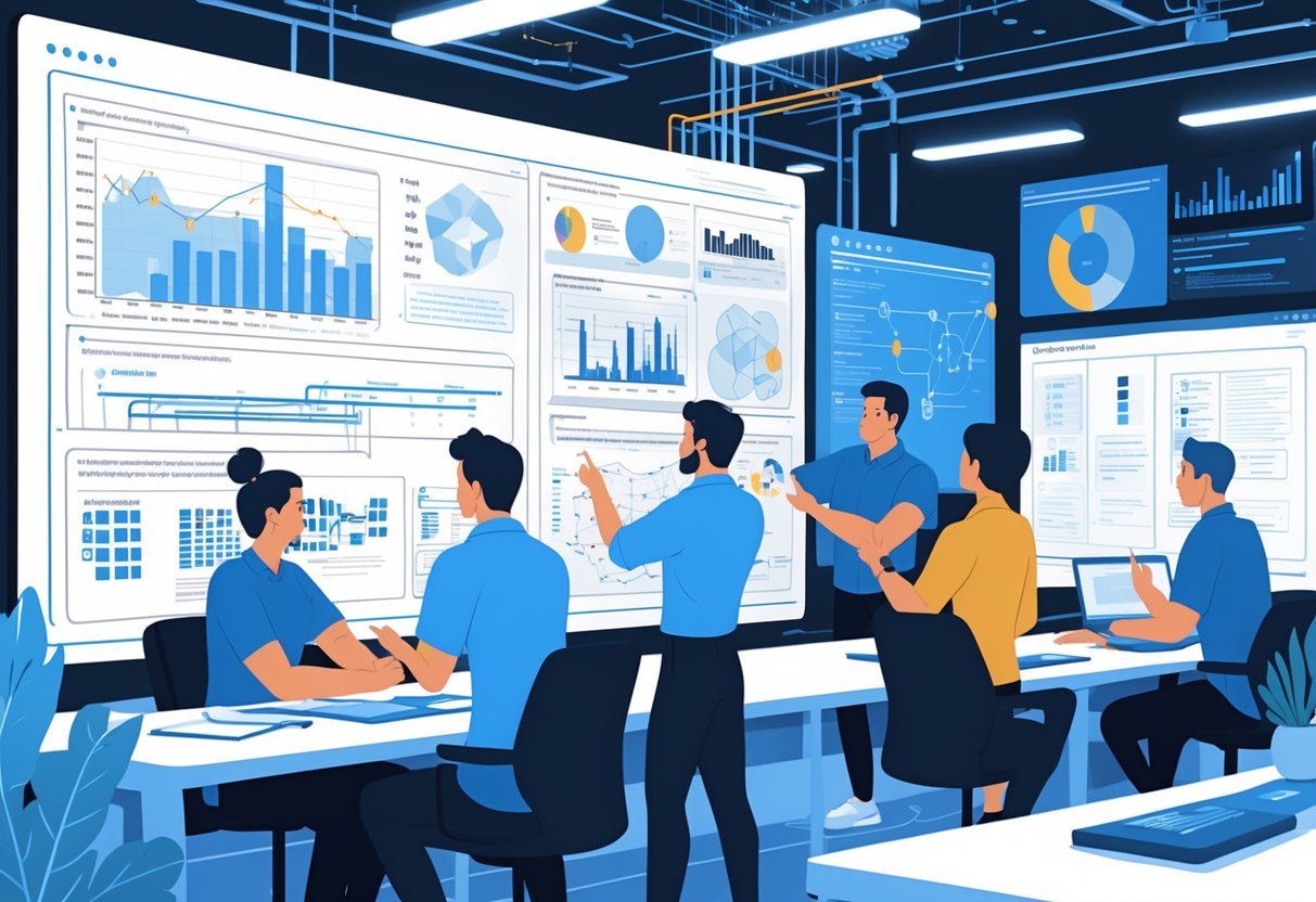 A team of engineers working together in an office, discussing system design and scalability using diagrams and data on a digital whiteboard.