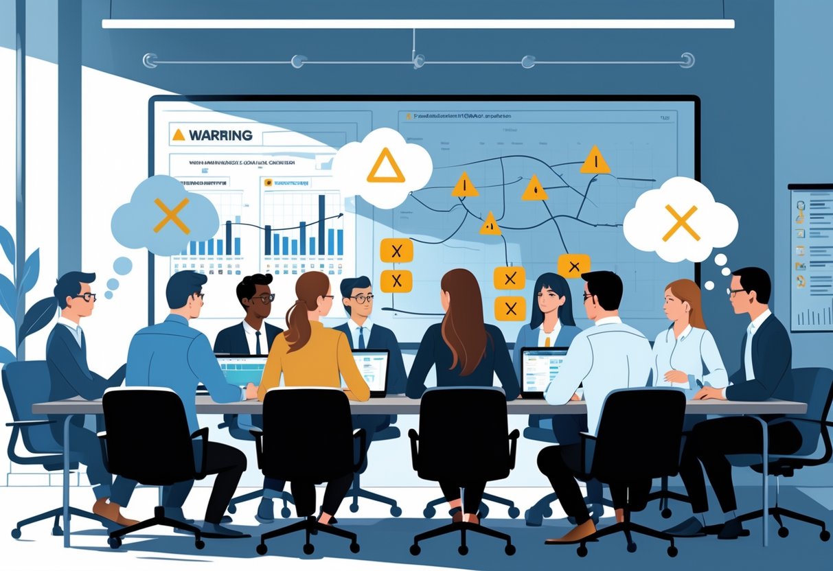 A group of data professionals in a meeting room showing signs of confusion and frustration while discussing analytics engineering, with charts and diagrams indicating communication and collaboration problems.