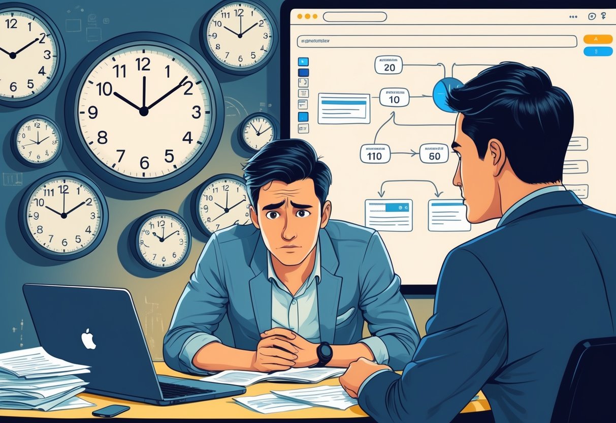 A job interview scene showing a stressed candidate surrounded by multiple clocks and an interviewer watching with concern, with analytics charts visible in the background.