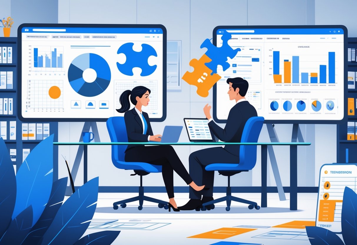 An interview scene with a candidate and interviewer at a table surrounded by data charts, code snippets, and visual cues highlighting common analytics engineering interview mistakes.