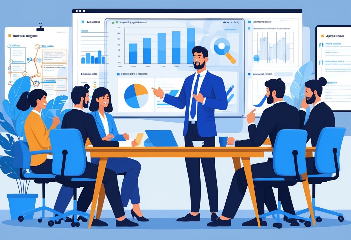 A group of professionals in an office discussing data on a digital screen, focusing on teamwork and collaboration during an interview preparation.