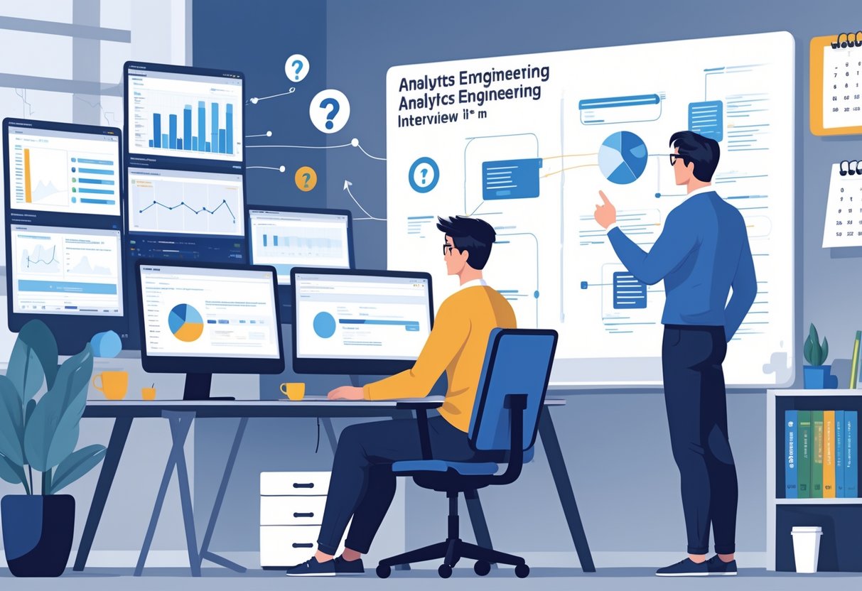 A person preparing for an analytics engineering interview with a mentor nearby, surrounded by computer screens showing data and diagrams, and visual symbols representing interview mistakes and strategies.