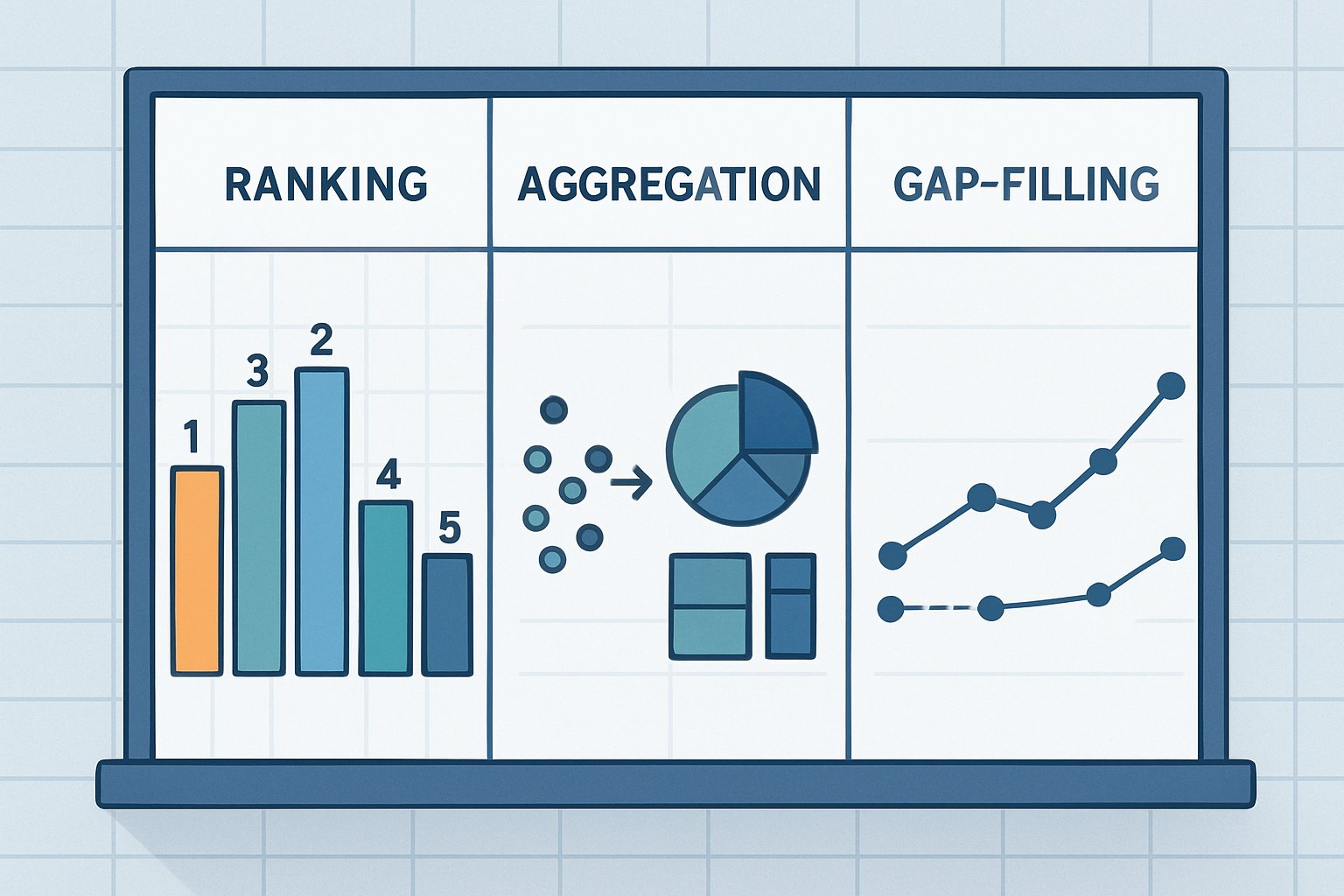 A digital illustration showing a window divided into sections representing ranking with ordered bars, aggregation with grouped data shapes, and gap-filling with connected missing points on a timeline.
