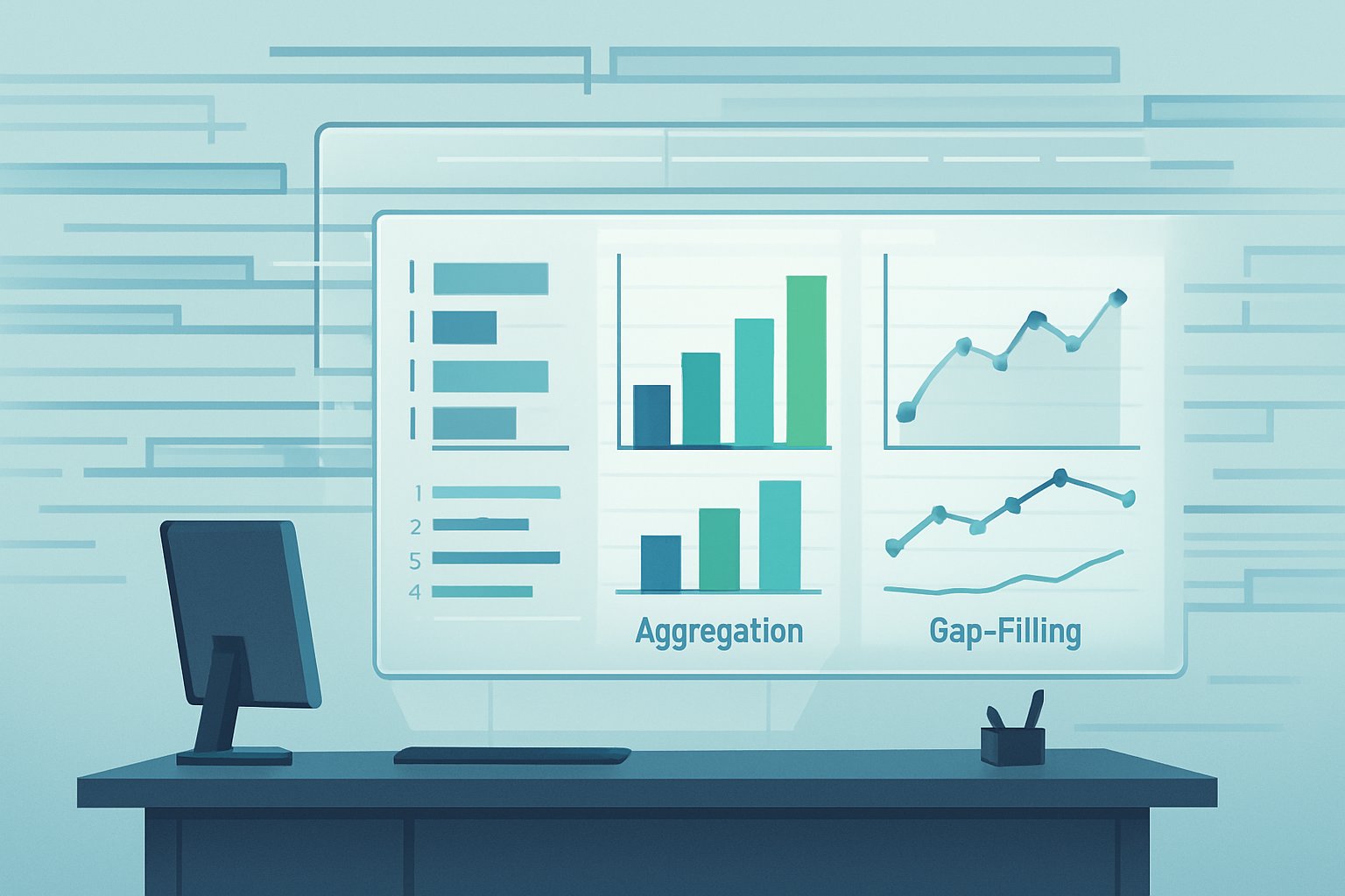 A workspace showing a large digital screen with layered charts illustrating ranking, aggregation, and gap-filling concepts in data analysis.