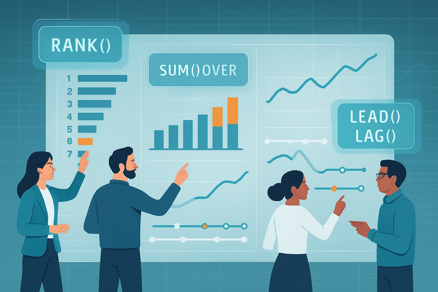 A group of data analysts interacting with a large digital screen showing charts and graphs illustrating data ranking, aggregation, and gap-filling concepts.