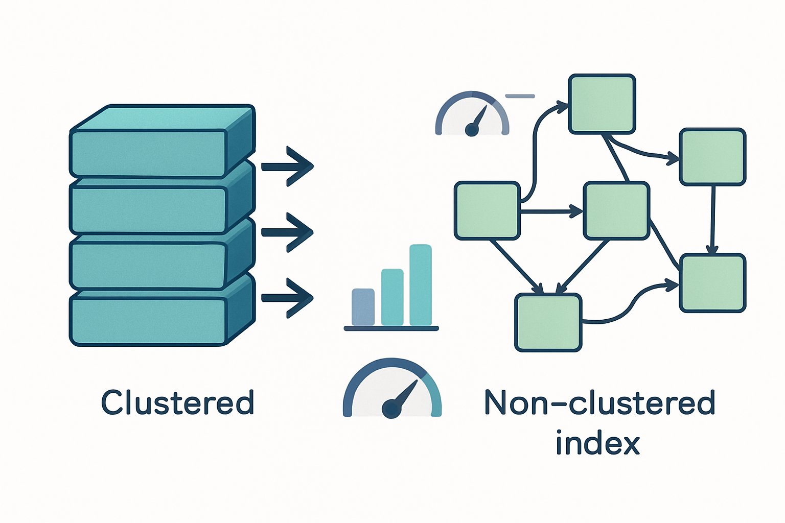 An illustration comparing two types of database indexes side by side: one showing tightly grouped data blocks with direct access paths, and the other showing scattered data blocks connected by pointers, with visual elements indicating performance differences.