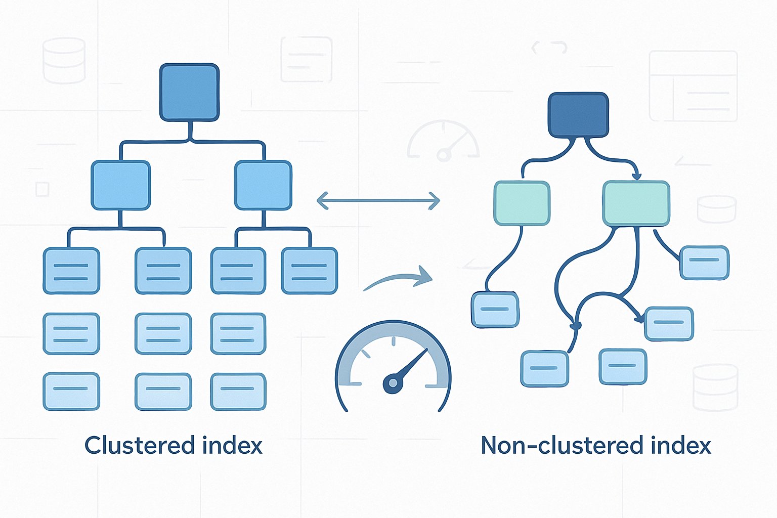 Illustration showing two types of database indexes: a large organized tree structure representing a clustered index on the left, and a smaller separate index pointing to scattered data blocks representing a non-clustered index on the right, with visual indicators comparing their performance.