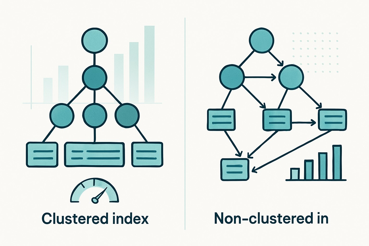 An illustration comparing clustered and non-clustered database indexes, showing a direct data structure on one side and an indirect index with pointers on the other, with visual elements representing performance differences.