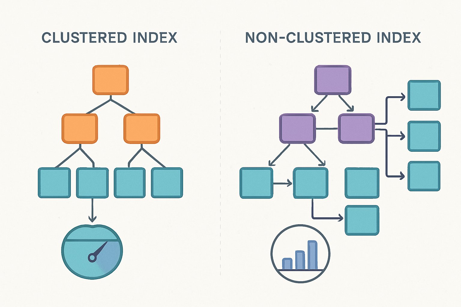 A detailed illustration comparing two types of database indexes side by side, showing a sorted tree structure on one side and a separate index with pointers to scattered data on the other, with visual elements representing performance differences.