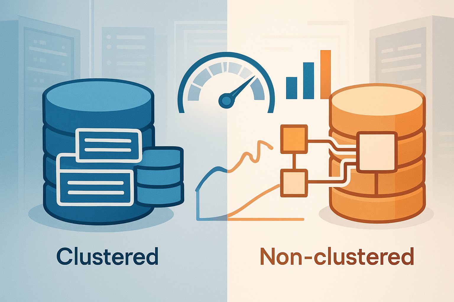 Side-by-side illustration comparing clustered and non-clustered database indexes with visual performance metrics and data storage representations.