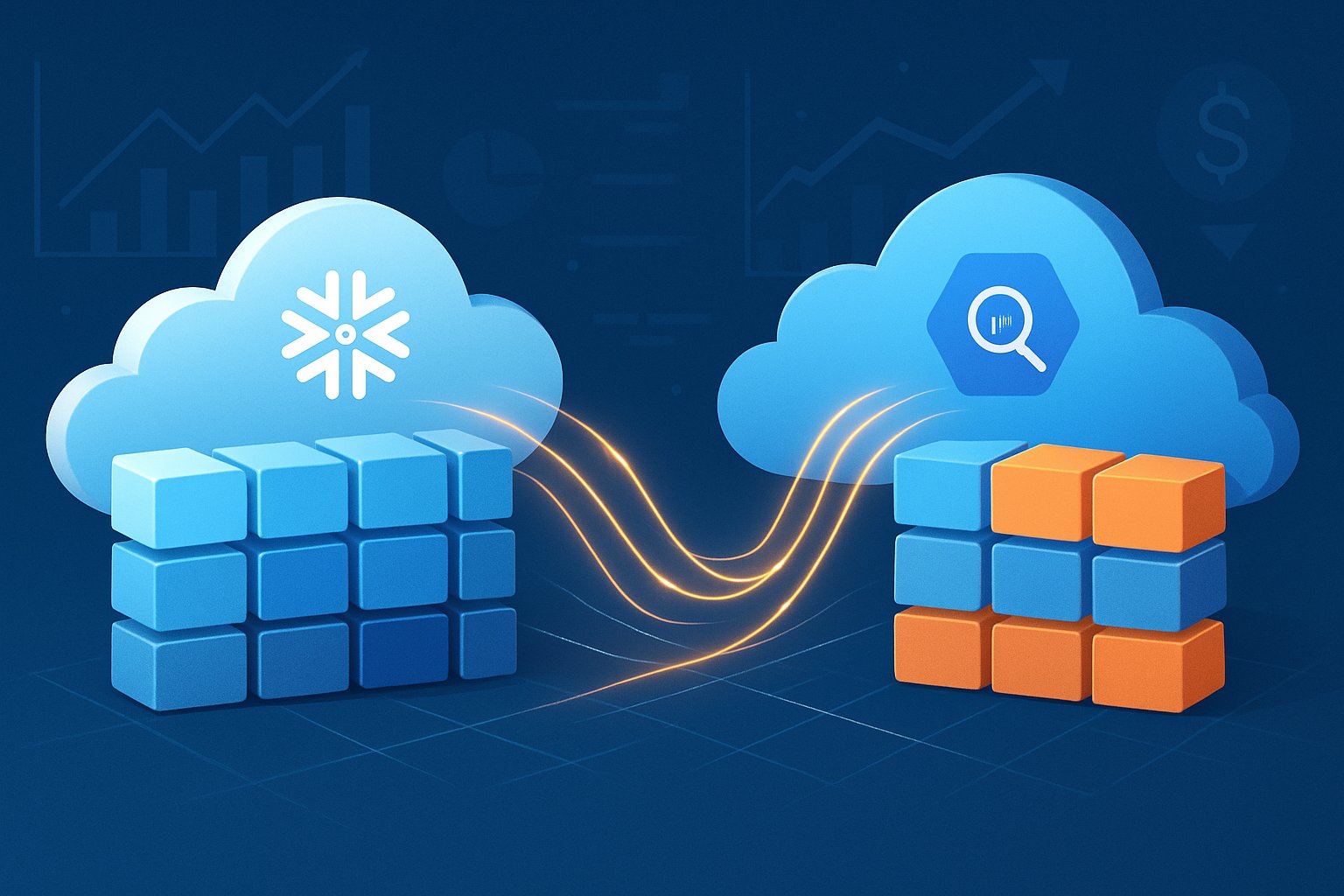 Illustration showing two cloud data environments with segmented data blocks and flowing data streams representing partitioning strategies for controlling query costs.