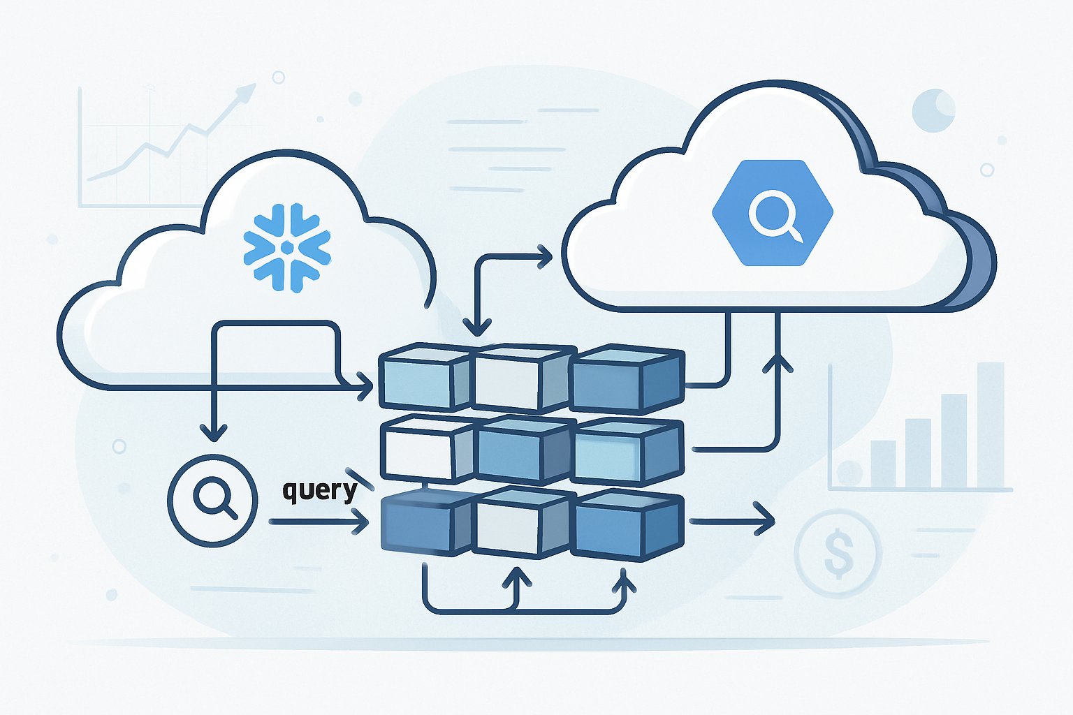 Illustration showing cloud servers with segmented data blocks and arrows representing data partitioning and cost control in cloud platforms.