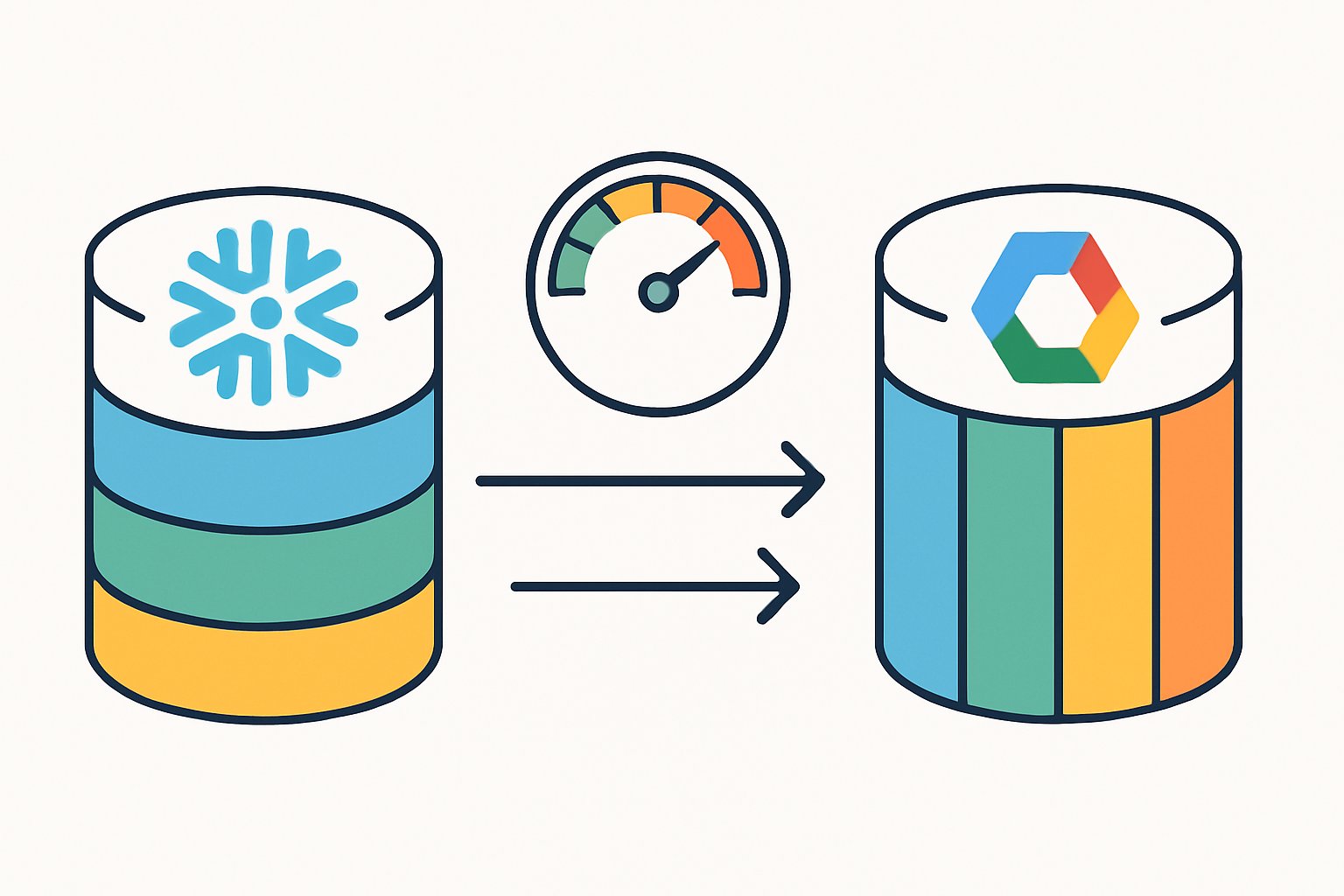 An infographic showing data partitioning strategies for Snowflake and BigQuery with database icons divided into partitions and visual elements representing query cost control.