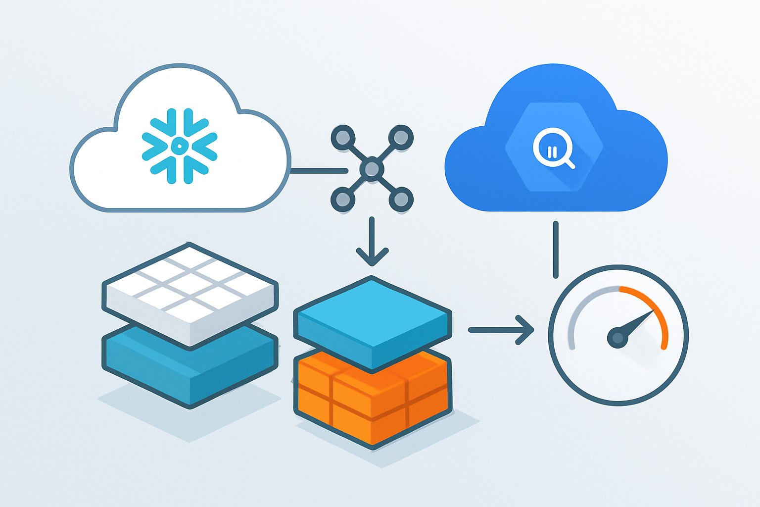 An illustration showing two cloud database icons connected by segmented data blocks and arrows, representing data partitioning and cost optimization in cloud data platforms.