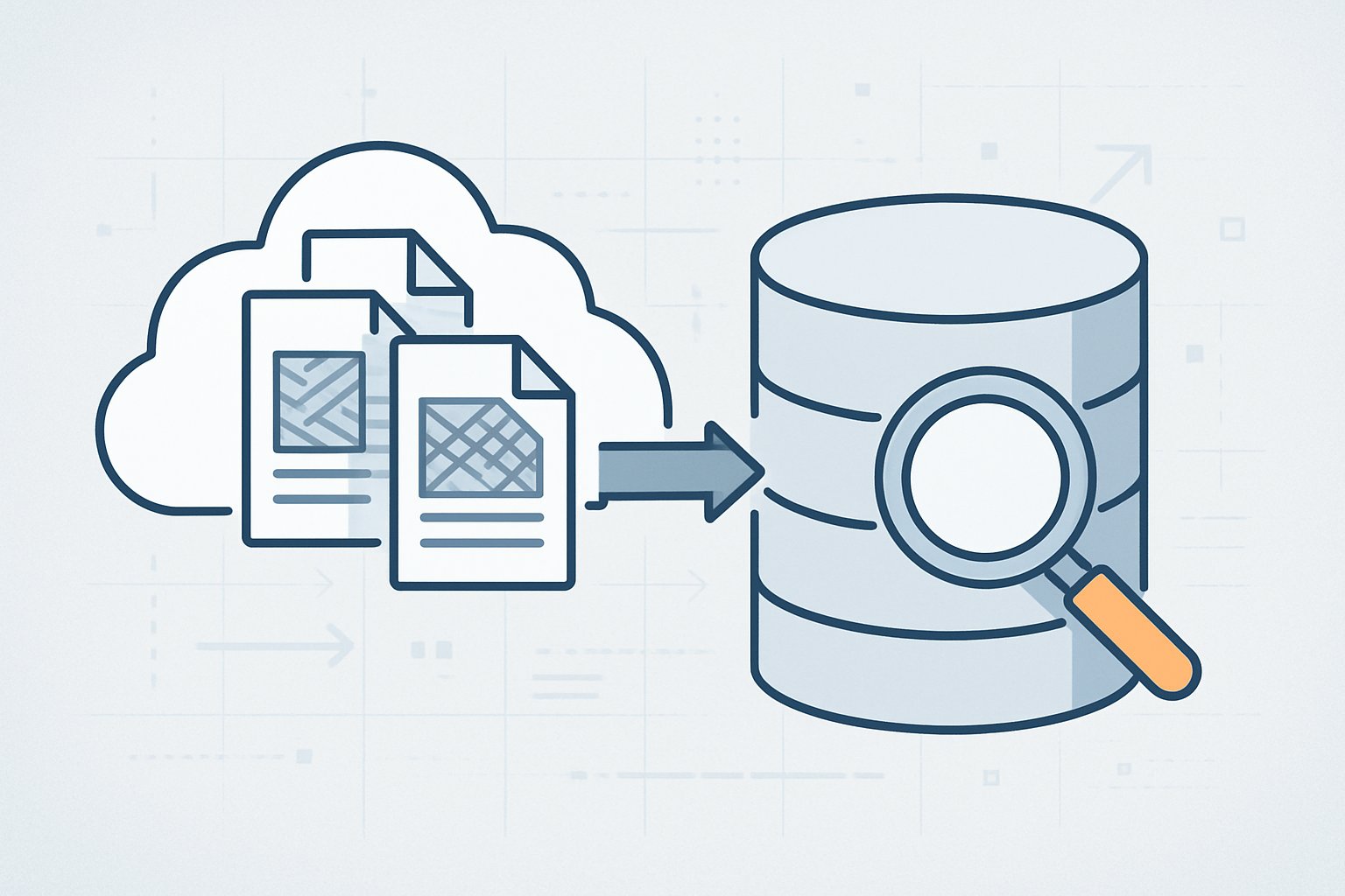 An illustration showing cloud-based Parquet data files connected to a large database server with arrows indicating data flow between them.