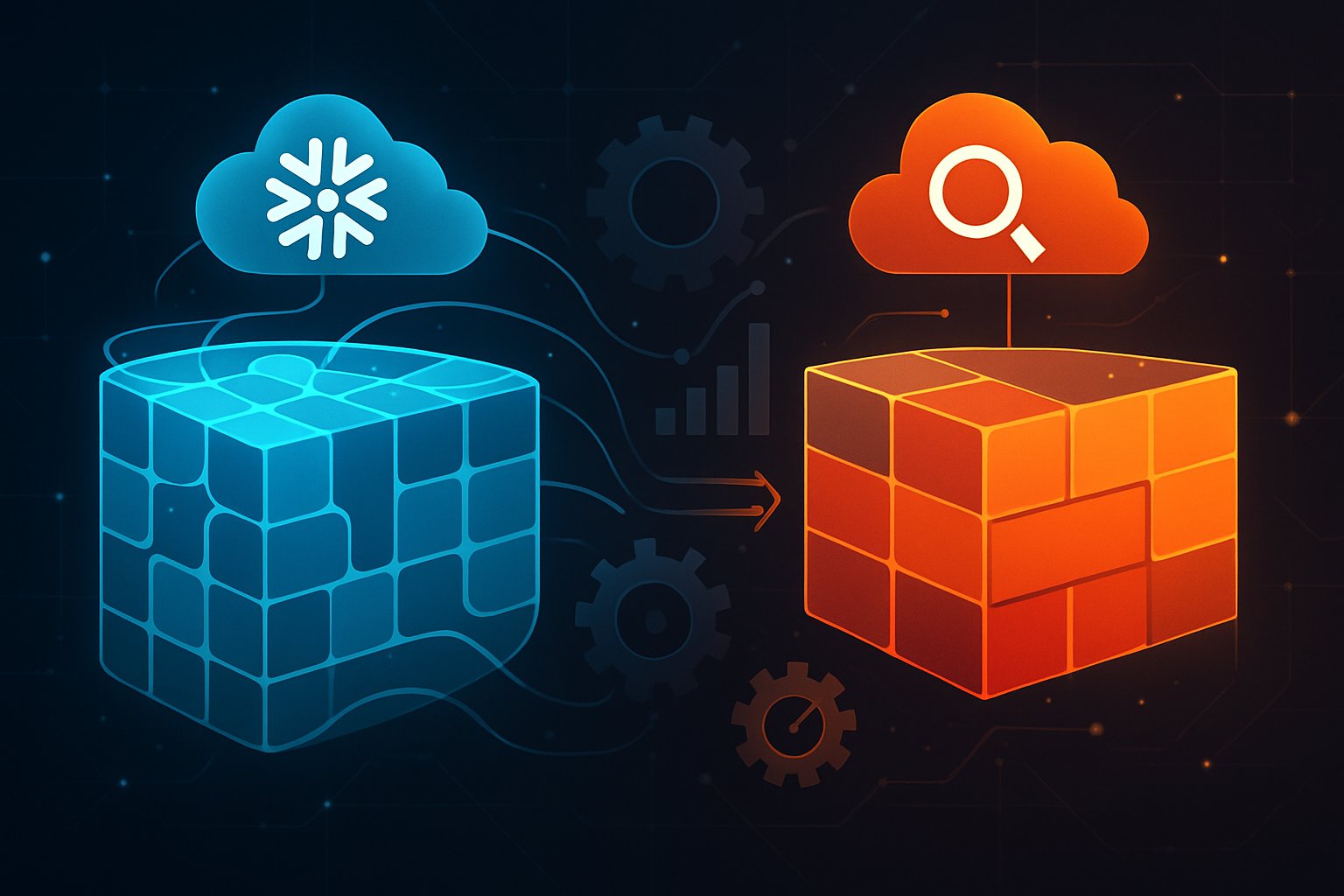 Illustration showing two segmented database tables representing clustering and partitioning strategies in cloud data warehouses, connected by data flow lines and surrounded by abstract elements symbolizing query cost control.