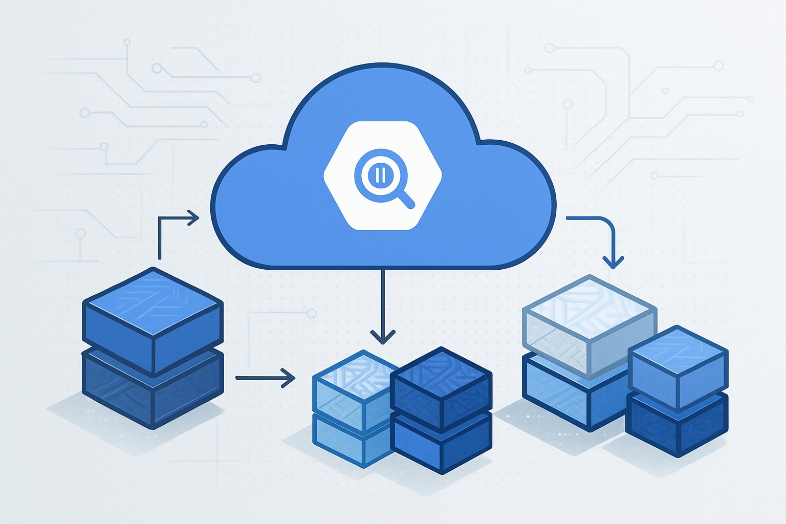 A cloud icon connected to stacks of colorful data blocks with arrows showing data flow, representing cloud data storage and querying.
