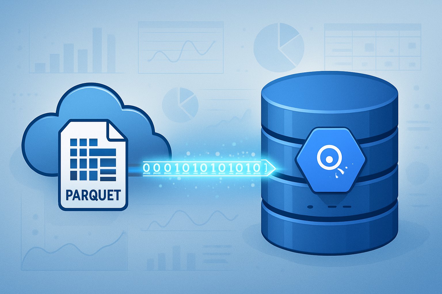 An illustration showing data flowing from a cloud storage icon to a database server with charts and graphs in the background representing data storage and querying.