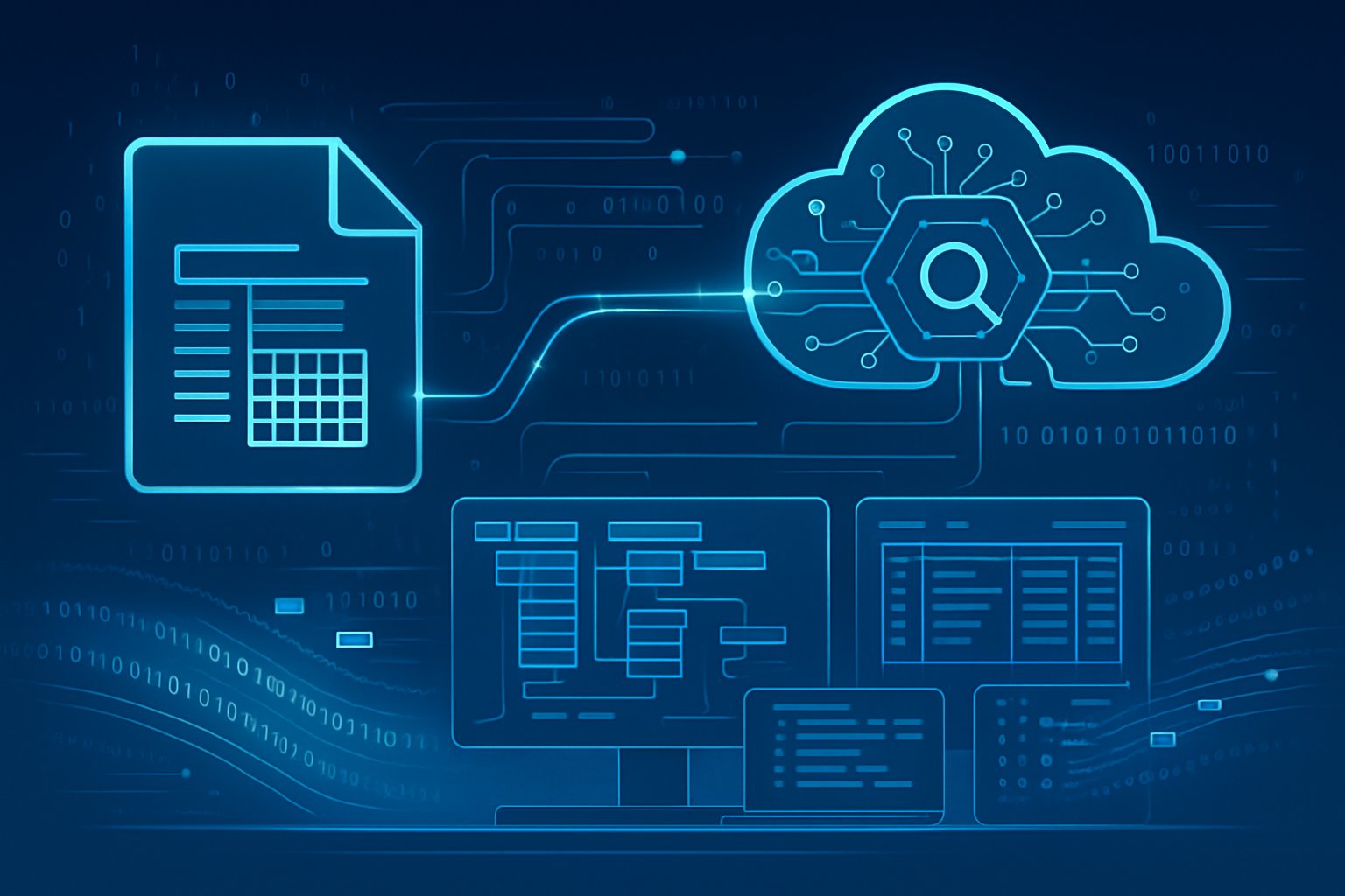 A workspace showing digital screens with data visuals connected to a Parquet file icon and a cloud-shaped BigQuery symbol, illustrating data storage and querying processes.