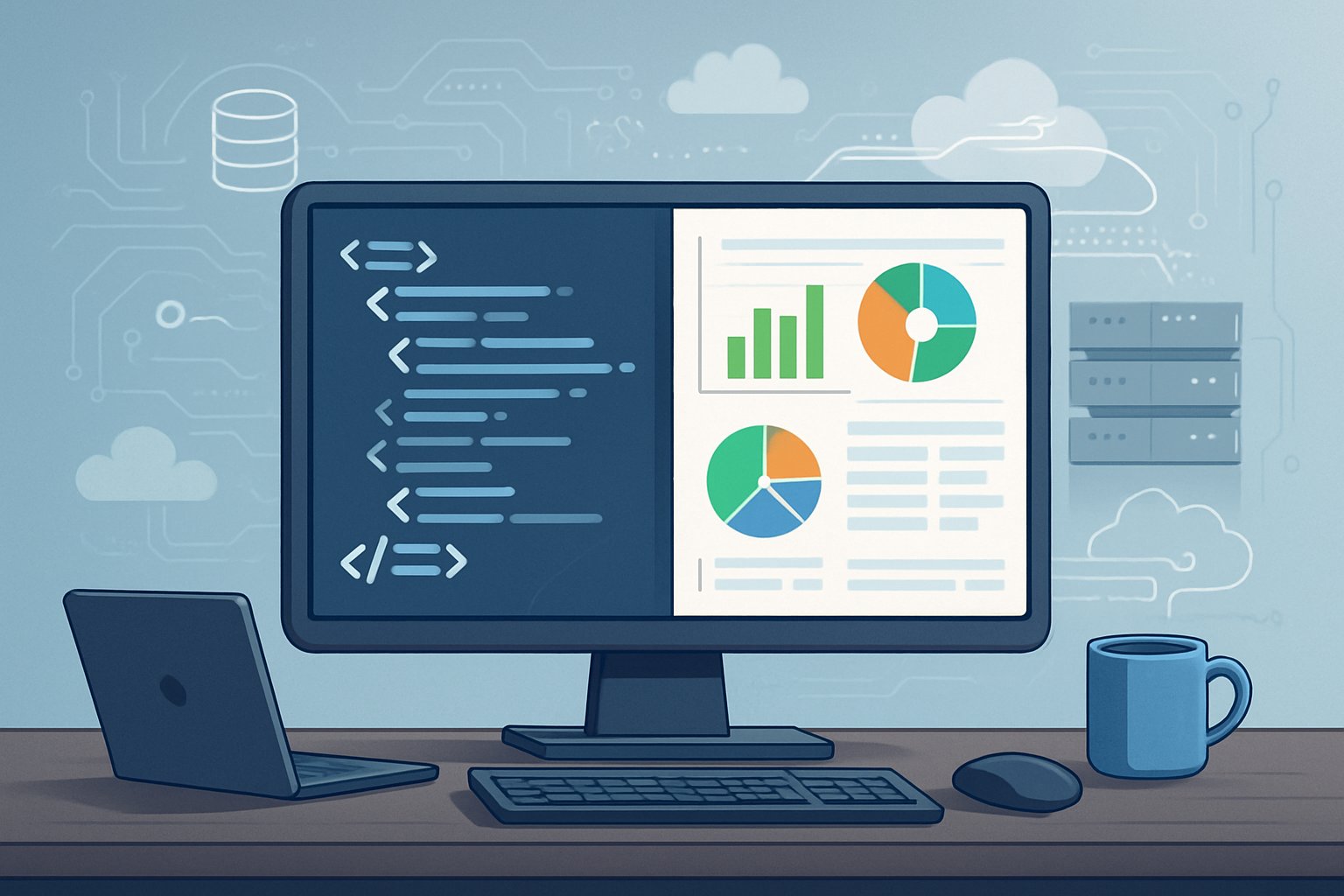 A computer monitor on a desk showing XML code on one side and colorful data analytics charts on the other, with digital icons and data streams around it in an office setting.