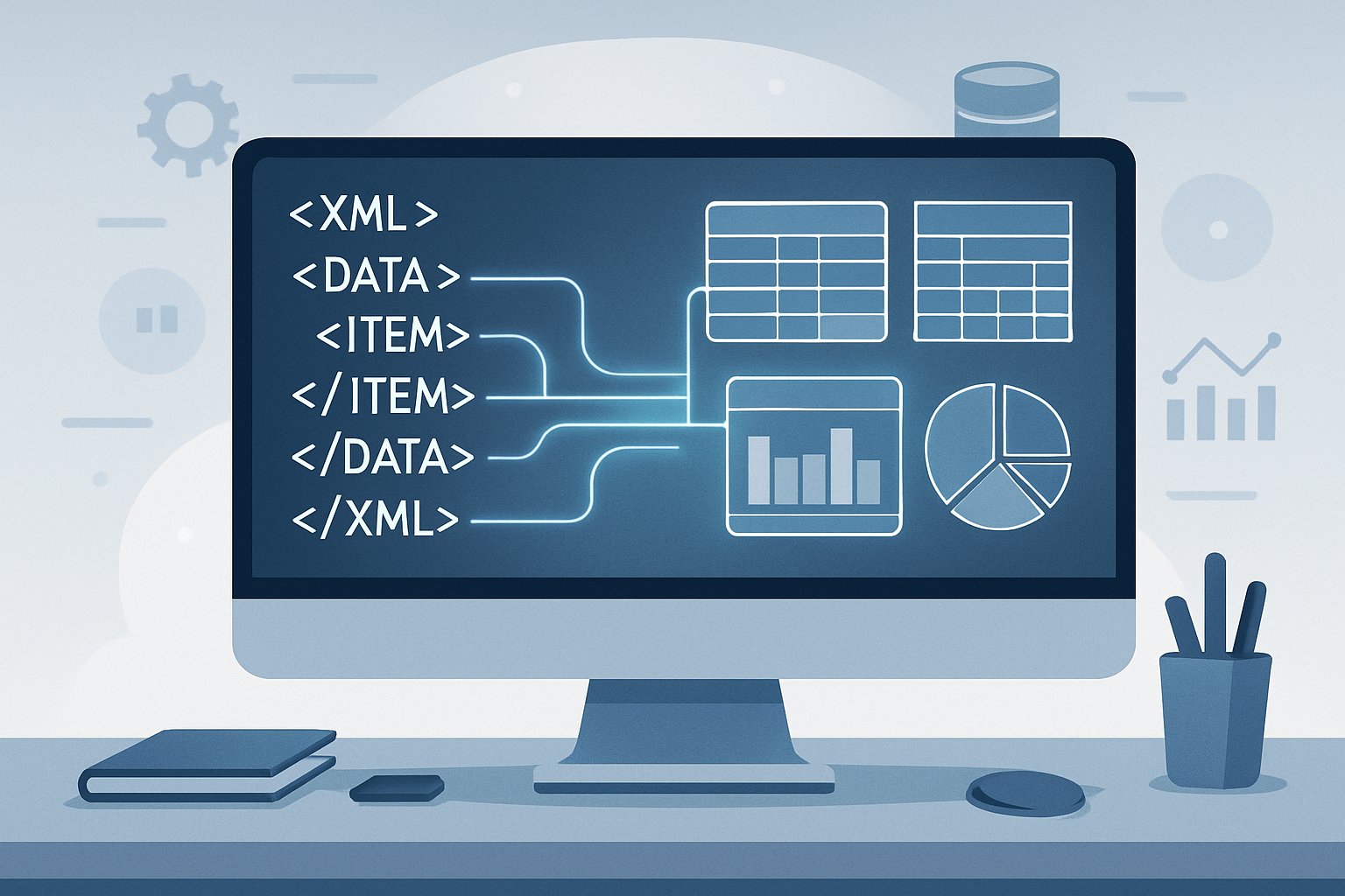 A workspace with a computer showing XML code transforming into database tables and analytics charts connected by glowing lines.
