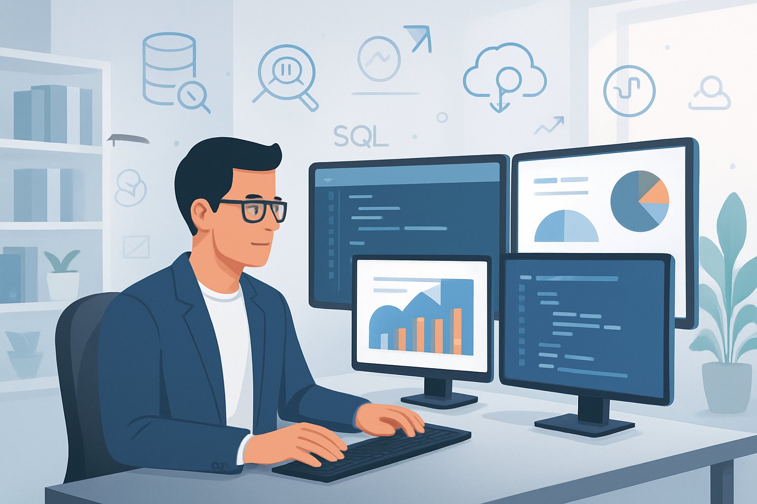 An analyst working at a desk with multiple monitors showing data charts and code, surrounded by icons representing databases and cloud computing in a bright office.