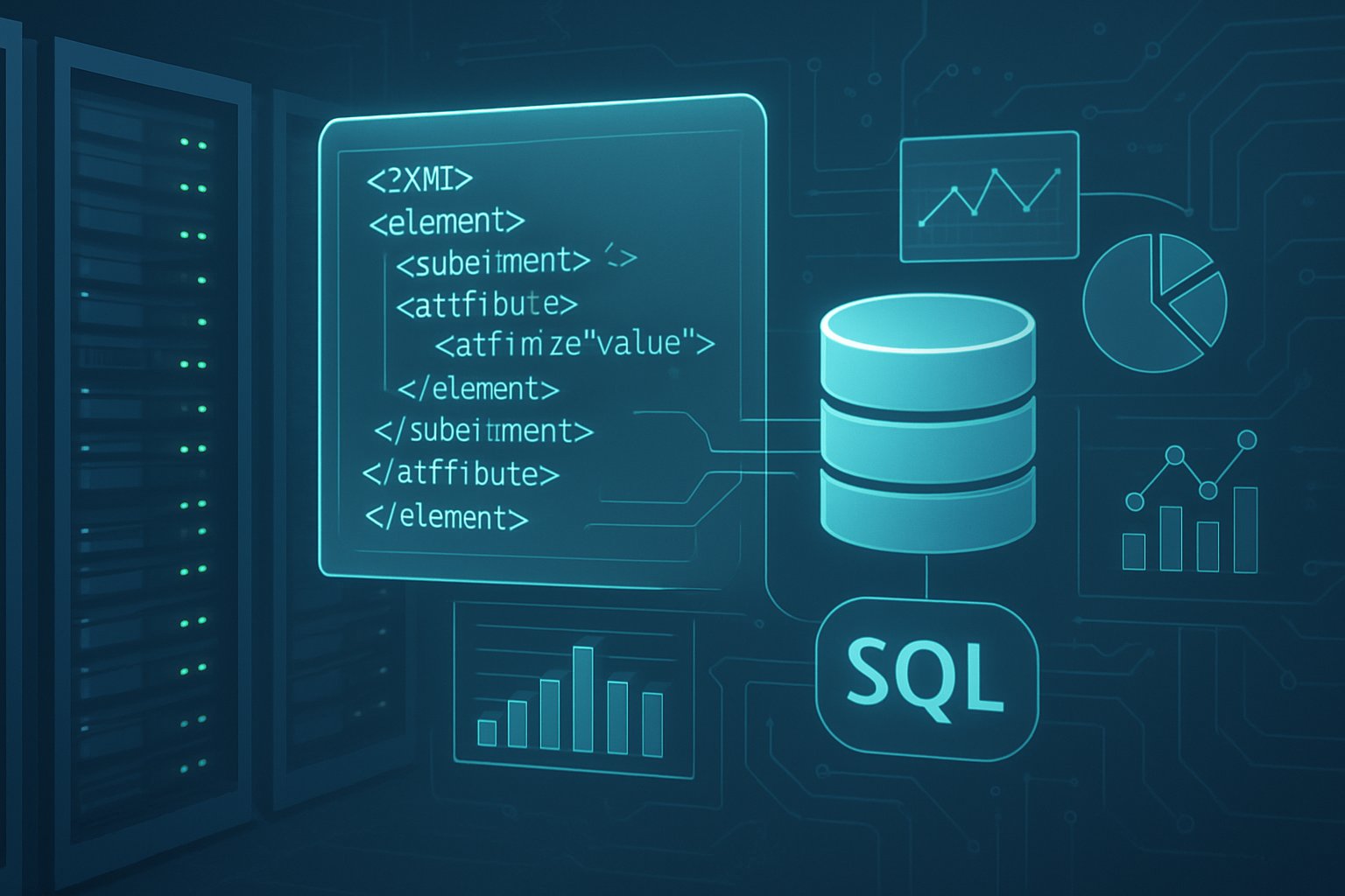 A data center with servers and a holographic display showing XML data connected to a database icon, surrounded by charts and data flow visuals.