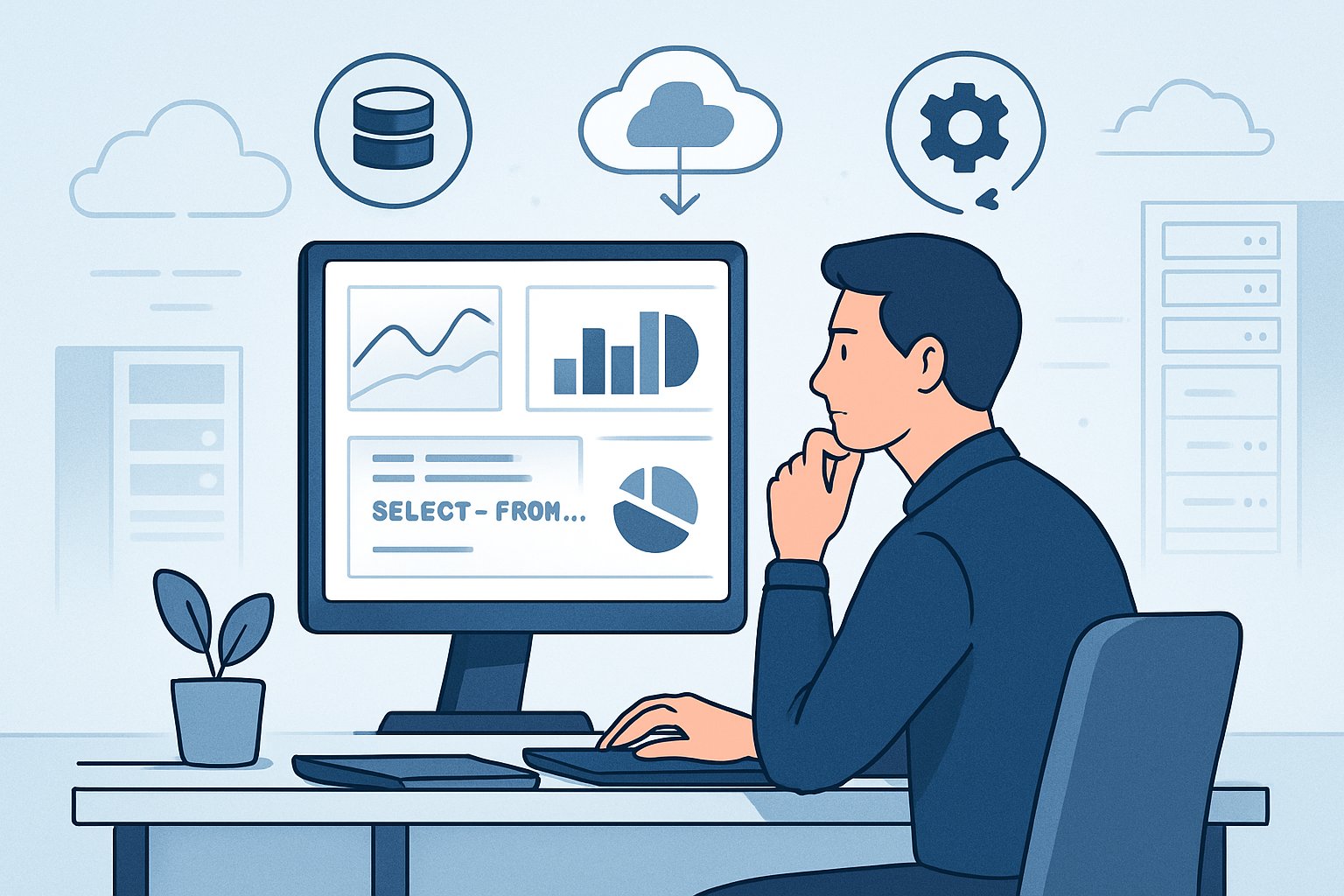 An analyst at a desk reviewing data visualizations and SQL code on a computer monitor, surrounded by icons representing databases and cloud computing.