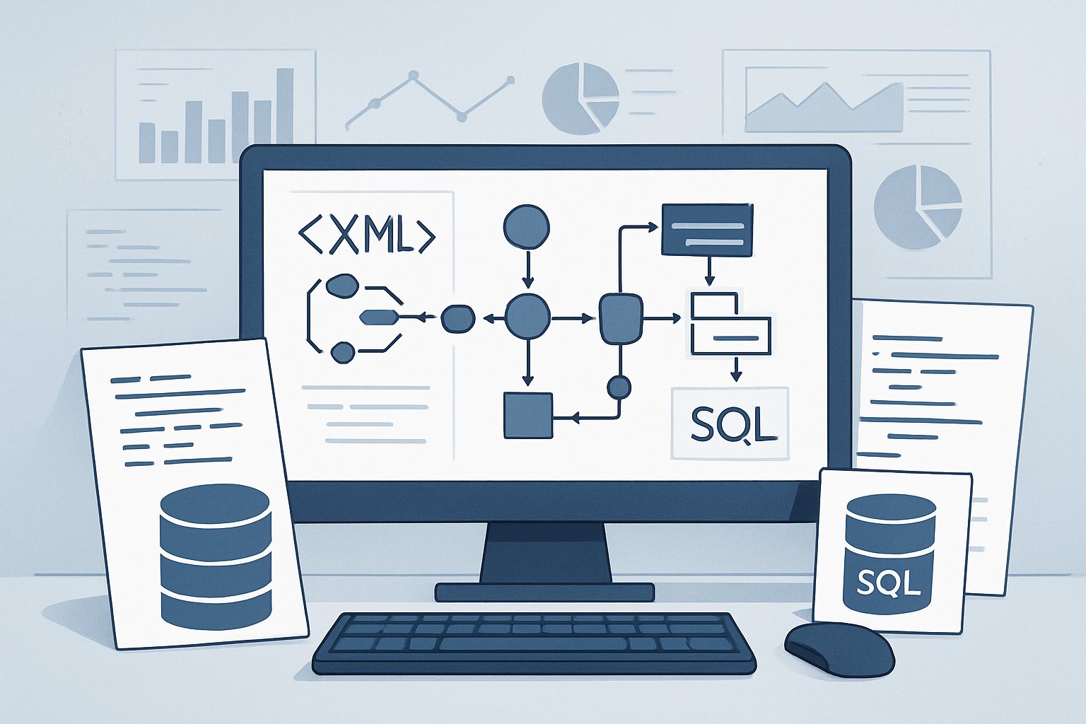A workspace with a computer showing abstract data visualizations and code representing XML and SQL Server data analysis.