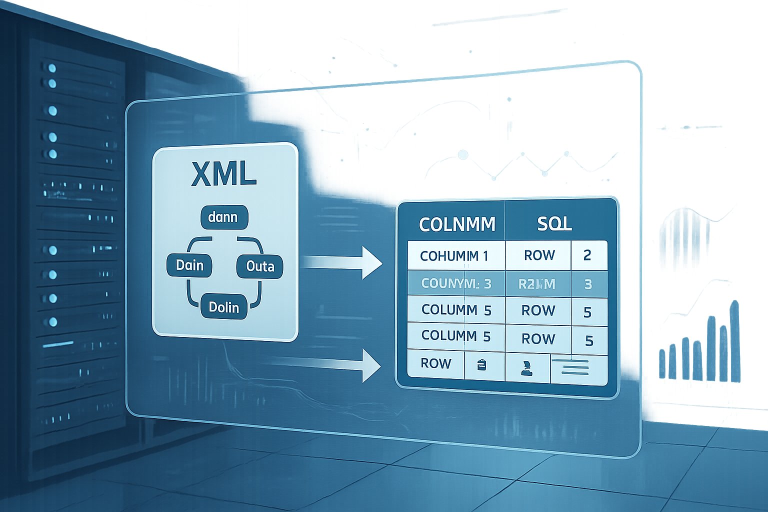 A server room with digital interfaces showing XML data nodes connecting to SQL database tables, illustrating data transformation and analytics processes.