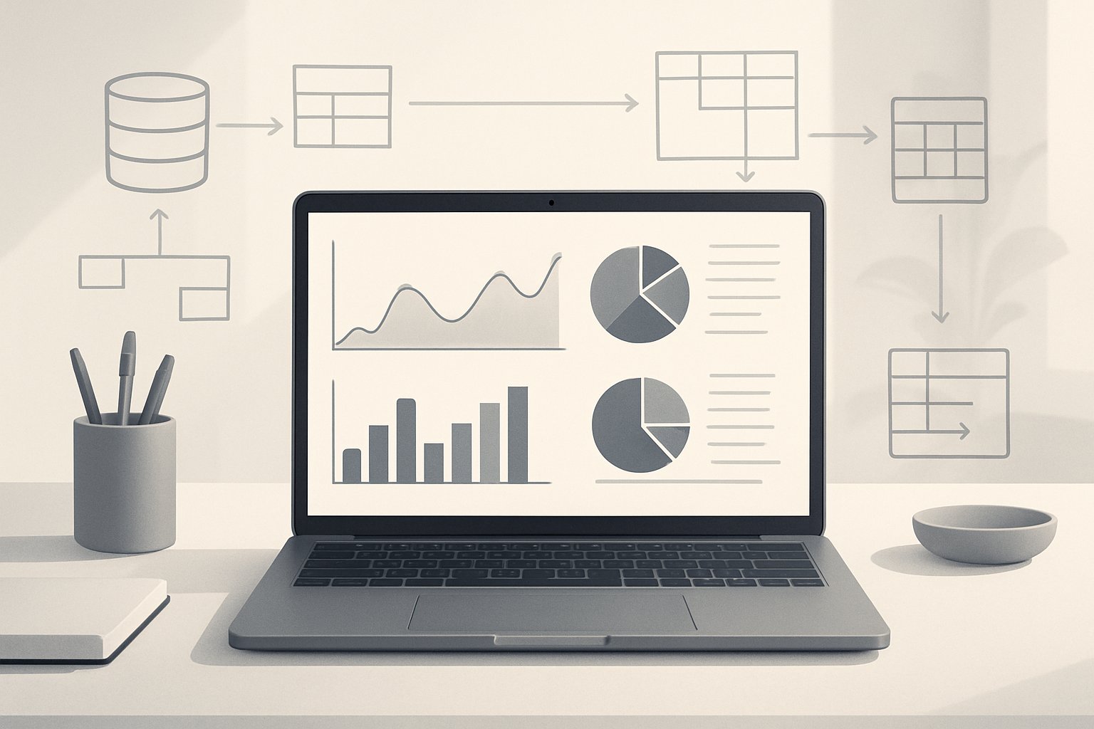 A laptop on a desk displaying abstract data charts and database symbols representing data analytics on a personal computer.